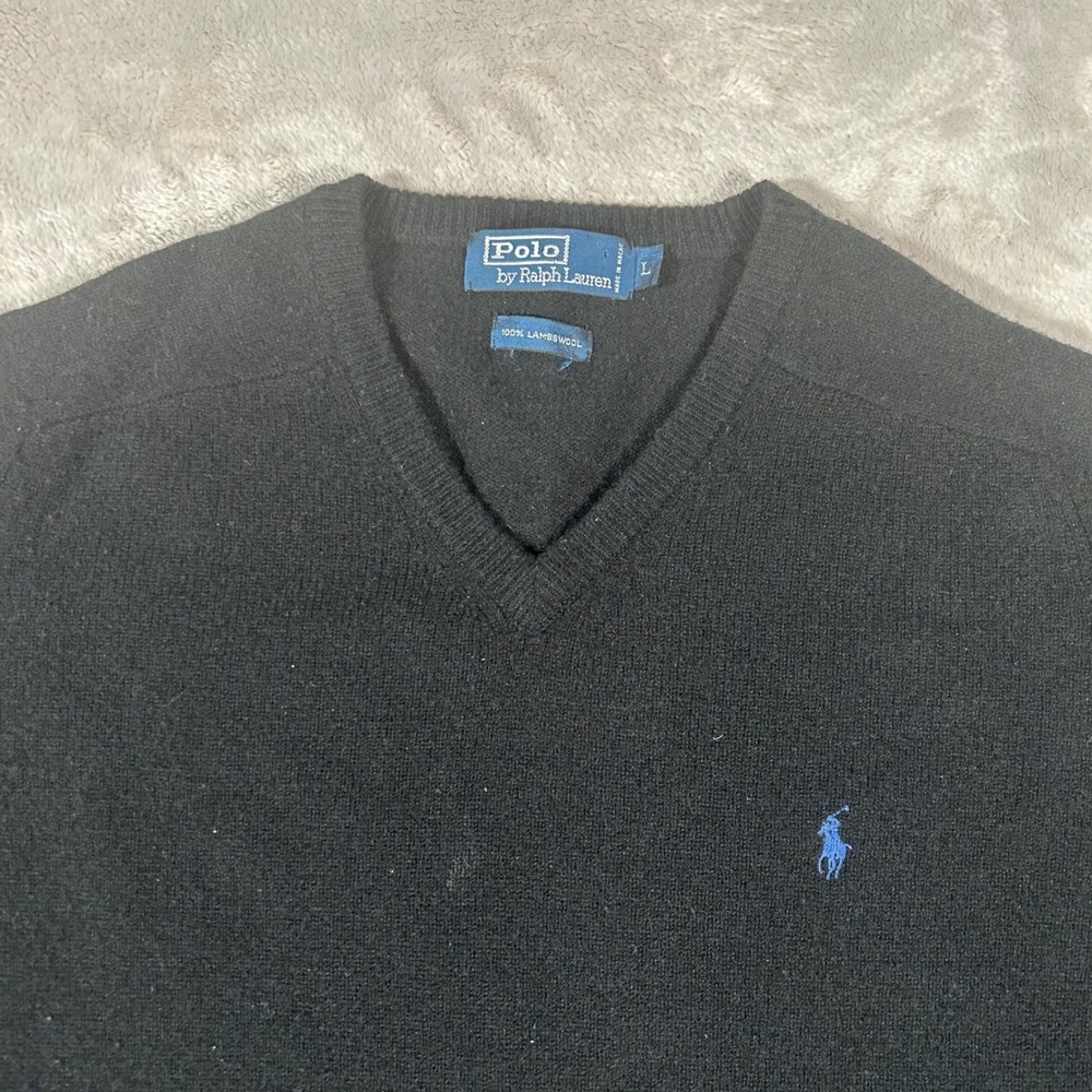 Polo Ralph Lauren Mens V-Neck Sweater Black 100% Lambswool Blue Pony Logo Large - Picture 6 of 12